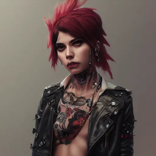 Image similar to highly detailed portrait of a punk young lady by by Loish, Artgerm,Greg Rutkowski, 4k resolution