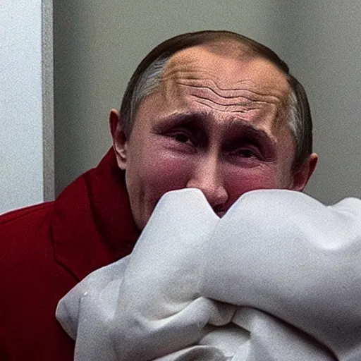 Prompt: Vladimir Putin crying like a baby, dressed in prisoner clothes, with handcuffs,