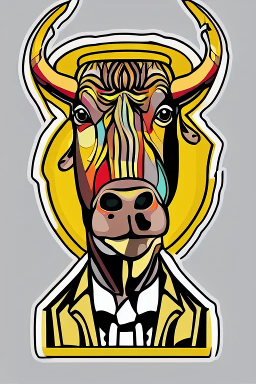 Prompt: A portrait of a dictator bull, sticker, highly detailed, colorful, illustration, smooth and clean vector curves, no jagged lines, vector art, smooth