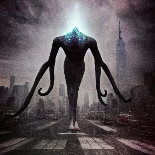 Image similar to a nyarlathotep manifested in newyork, beautiful photo, iphone 1 3, hyperealistic detailed photography, motion blur, grainy image