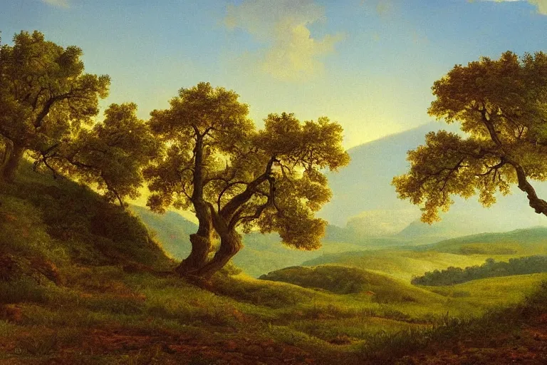 Image similar to masterpiece painting of oak trees on a hillside overlooking a creek, dramatic lighting, by a. y. jackson