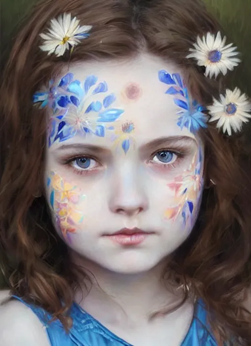 Image similar to a little girl with short wavy brown hair and blue eyes with her face painted. face painting of flowers. beautiful highly detailed face. painting by artgerm and greg rutkowski and raymond swanland.