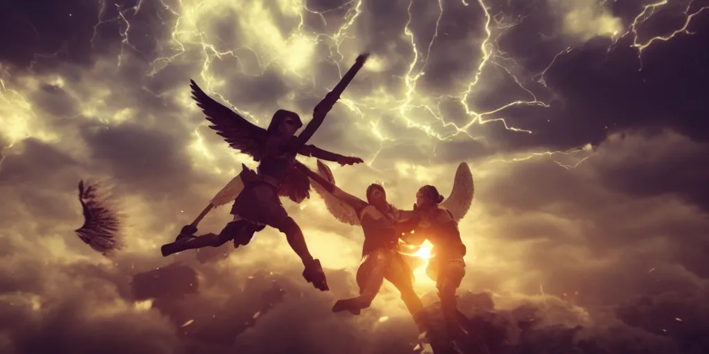 Prompt: real picture angels fighting demons in the sky, natural lighting, realistic, cinematic, close shot, stolen footage, octane render