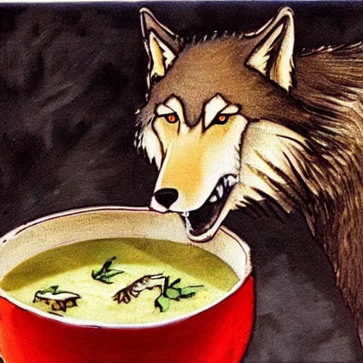 Image similar to a wolf drinking soup