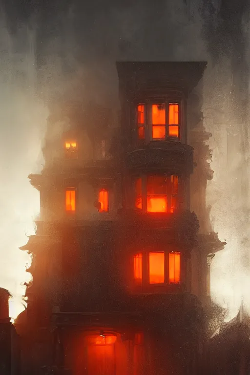 Prompt: A Victorian House of The Void with big orange eyeballs staring out from the windows, Red and Orange colored, Lovecraftian, 4k, masterpiece, cinematic, glowing, by Greg Rutkowski, Trending on Artstation, Behance. Polished, Volumetric Lighting