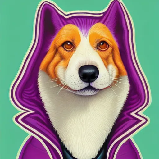 Prompt: portrait illustration of funny dog in the purple tuxedo by jeremiah ketner, quint buchholz, wlop, dan mumford