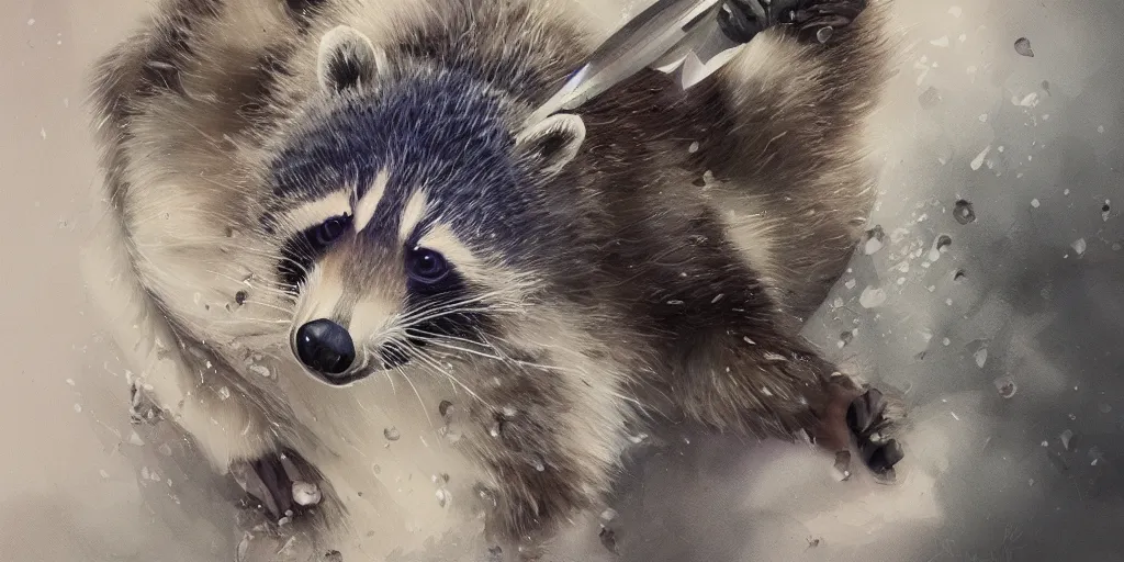 Image similar to highly detailed beautiful photography of raccoon, splash, sharp focus, dramatic, dynamic lighting, elegant, harmony, beauty, masterpiece, by riccardo federici, by james jean, by craig mullins, by durero, by lois van baarle, by makoto shinkai, by greg tocchini, by greg rutkowski, illustration, ink draw, pen, spatula