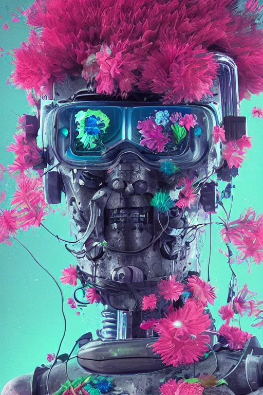 Image similar to closeup, underwater digital painting of a robot wearing a suit made of flowers, cyberpunk portrait by Filip Hodas, cgsociety, panfuturism, abstract expressionism, anaglyph, made of flowers, dystopian art, vaporwave