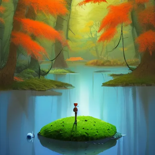 Prompt: goro fujita ilustration a river in the forest with clear water with moss on the edges, while watching a golden carp fish swimming, painting by goro fujita, sharp focus, highly detailed, artstation