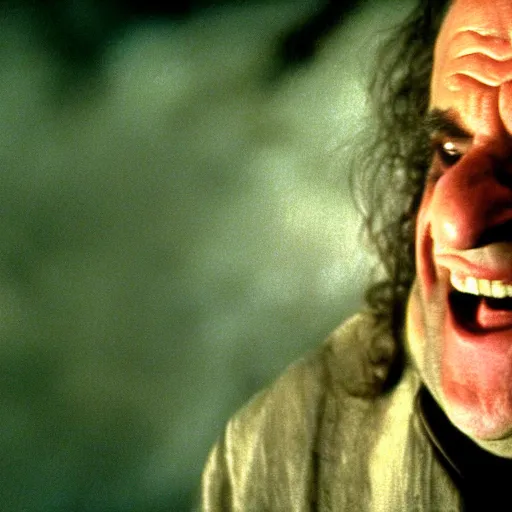 Image similar to the lord of the ring gimili played by danny devito laughing directed by peter jackson film still face close up dramatic lighting