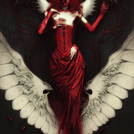 Image similar to gustave dore beautiful desirable vampire girl with ivory skull wings with some crimson, black background, beautifully lit, hyperdetailed, lighting, featured on artstation, by james jean, moebius, cory loftis, craig mullins, rutkowski, mucha klimt and tom bagshaw, 4 k, micro details