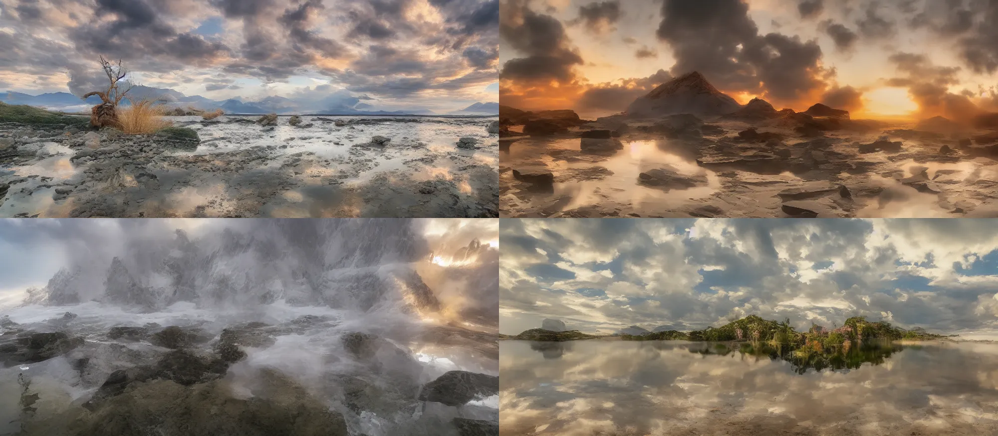 Prompt: mountain sunset over water, reflections, crepuscular rays, long exposure