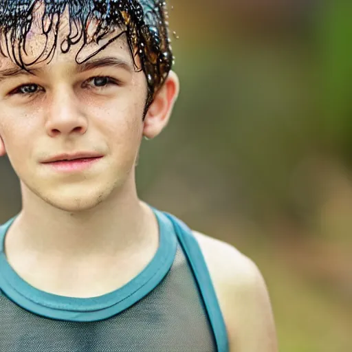 Prompt: full-shot portrait of a boy wearing a transparent mesh tanktop in the rain Detailed face. photo 8K