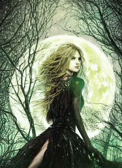 Prompt: glowing silver and golden elements, full close-up portrait, young female face model as a dark witch in front of the full big moon, book cover, green forest, red white black colors, establishing shot, extremly high detail, photo-realistic, cinematic lighting, pen and ink, intricate line drawings, by Yoshitaka Amano, Ruan Jia, Kentaro Miura, Artgerm, post processed, concept art, artstation, matte painting, style by eddie, raphael lacoste, alex ross