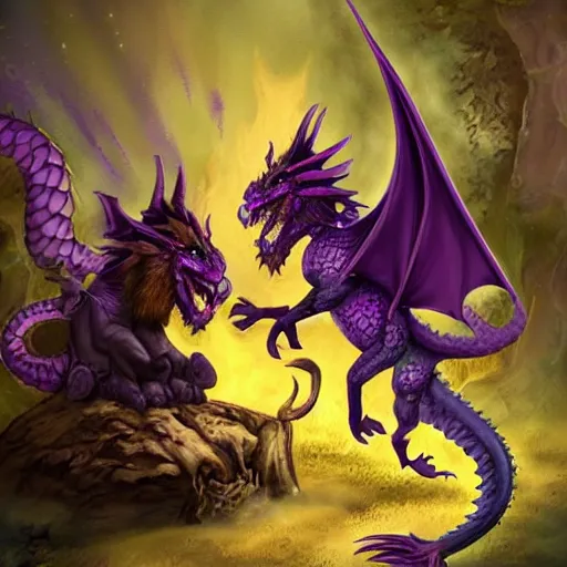 Prompt: purple dragon taming a gnome, fantasy illustration