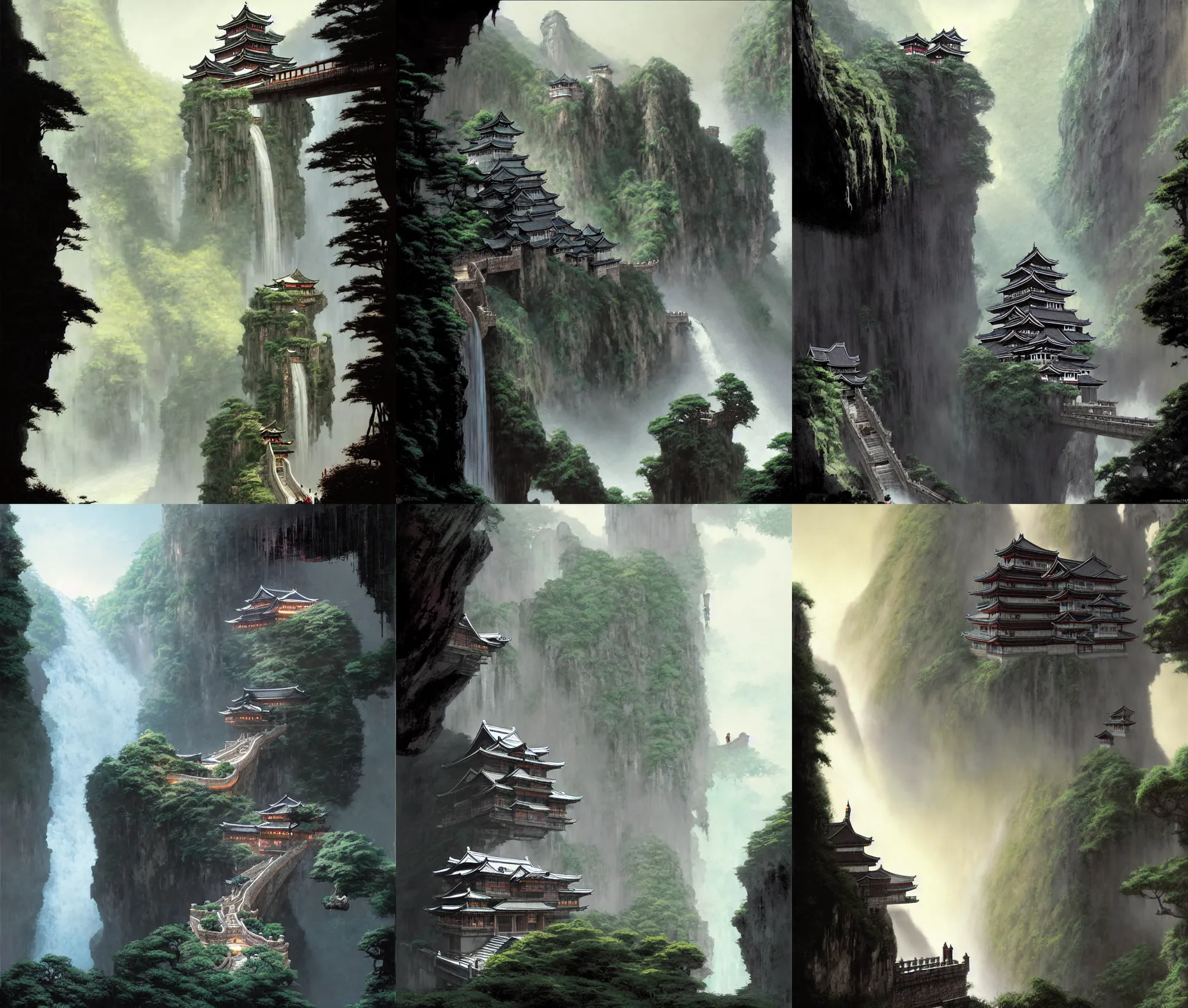 Prompt: establishing wide shot inside han son doong with waterfalls on either side of the cliff walls, at the top of the cliff is a japanese castle, a cloister is built into the cliff walls, an old suspension bridge spans the walls, dawn lighting, detailed concept art by greg rutkowski and gerald brom and raphael lacoste