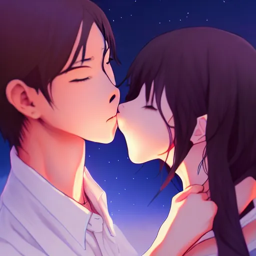 Prompt: kissing boy and girl when nightfall,hands shaked, anime, trending on artstation, pixiv, makoto shinkai, manga cover