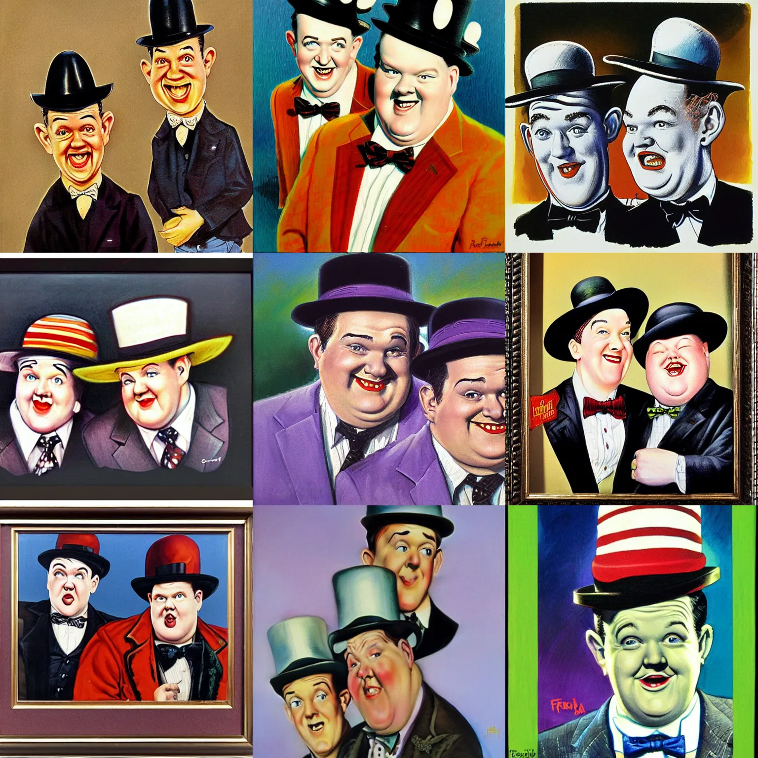 Image similar to A portrait of Stan Laurel and Oliver Hardy in hats by Frank Kelly Freas