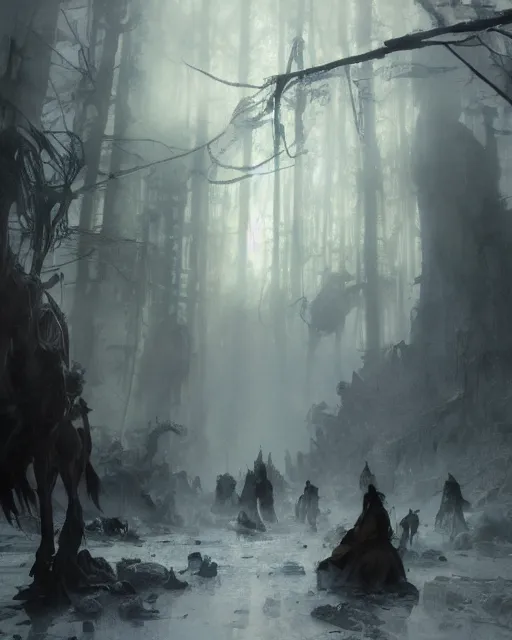 Image similar to inside the king's hall, wolves and their treasures, ethereal, ominous, misty, 8 k, by ruan jia and miho hirano and ruan jia and jeremy mann and alphonse mucha and greg rutkowski