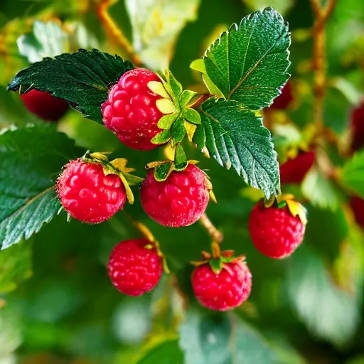 Prompt: a closeup of a berry shrub where every berry has the shape of the face of halle berry on it