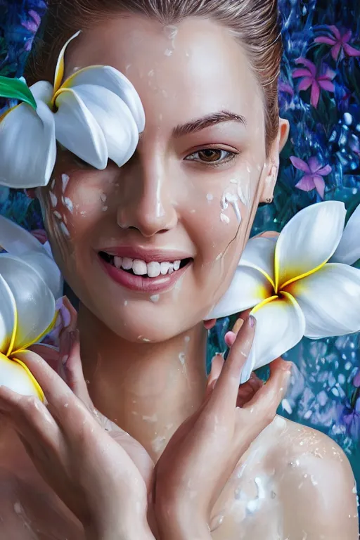 Image similar to ultra realistic illustration, portrait of smiling woman covered in white yogurt, plumeria tropical bouquet background, close up shot, fantasy, intricate, elegant, highly detailed, digital painting, artstation, concept art, smooth, sharp focus, illustration, surrealism