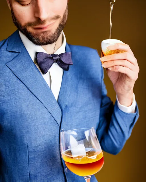 Prompt: photography of a fancy elegant gentleman eating a toast with blue liquid spread over it,