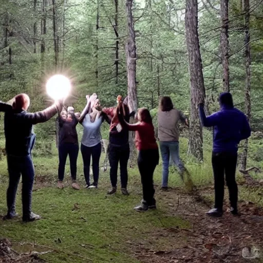 Prompt: a group of 20 people arranged in a circle pointing at a large reflective metal sphere in the forest. Found footage horror
