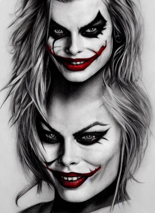 Image similar to tattoo design of margot robbie with joker makeup, ace card, in the style of niki norberg, realistic face, black and white, realism tattoo, hyper realistic, highly detailed