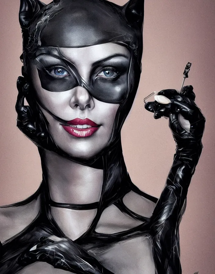 Image similar to portrait of charlize theron as a catwoman. intricate abstract. intricate artwork. by tooth wu, wlop, beeple, dan mumford. octane render, trending on artstation, greg rutkowski very coherent symmetrical artwork. cinematic, hyper realism, high detail, octane render, 8 k, iridescent accents.