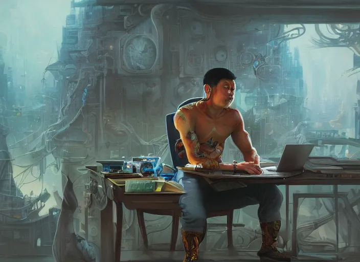 Image similar to an insanely detailed painting of an asian man wearing a homemade superhero costume, sitting at a desk, staring seriously at the computer and typing, in the style of peter mohrbacher, james jean, rutkowski, dramatic lighting and composition, surreal background, octane render, pixar, trending on artstation, concept art, comic book, view from behind, 8 k