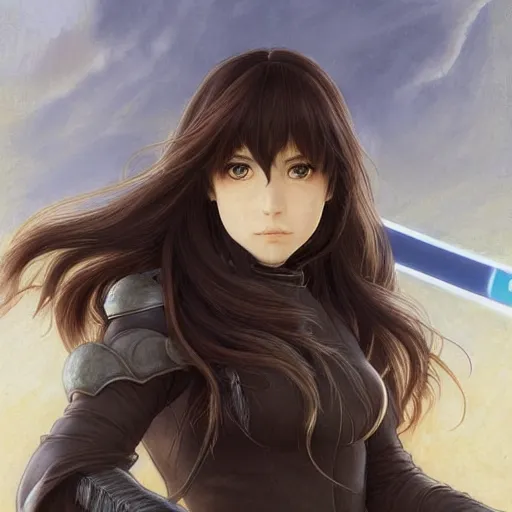 Image similar to portrait of a female Kazuto Kirigaya Kirito as young woman with brown long hair and bangs and wearing a long black coat breast-armor showing through, with light-saber, face, fantasy, intricate, elegant, highly detailed drawn by Donato Giancola and Fernanda Suarez and Artem Demura, face by Artgerm and Edmund Leighton, Alphonse Mucha, background by James Jean and Gustav Klimt, 4k, porcelain skin, komorebi, french nouveau, trending on pixiv, octane render, hyperrealistic