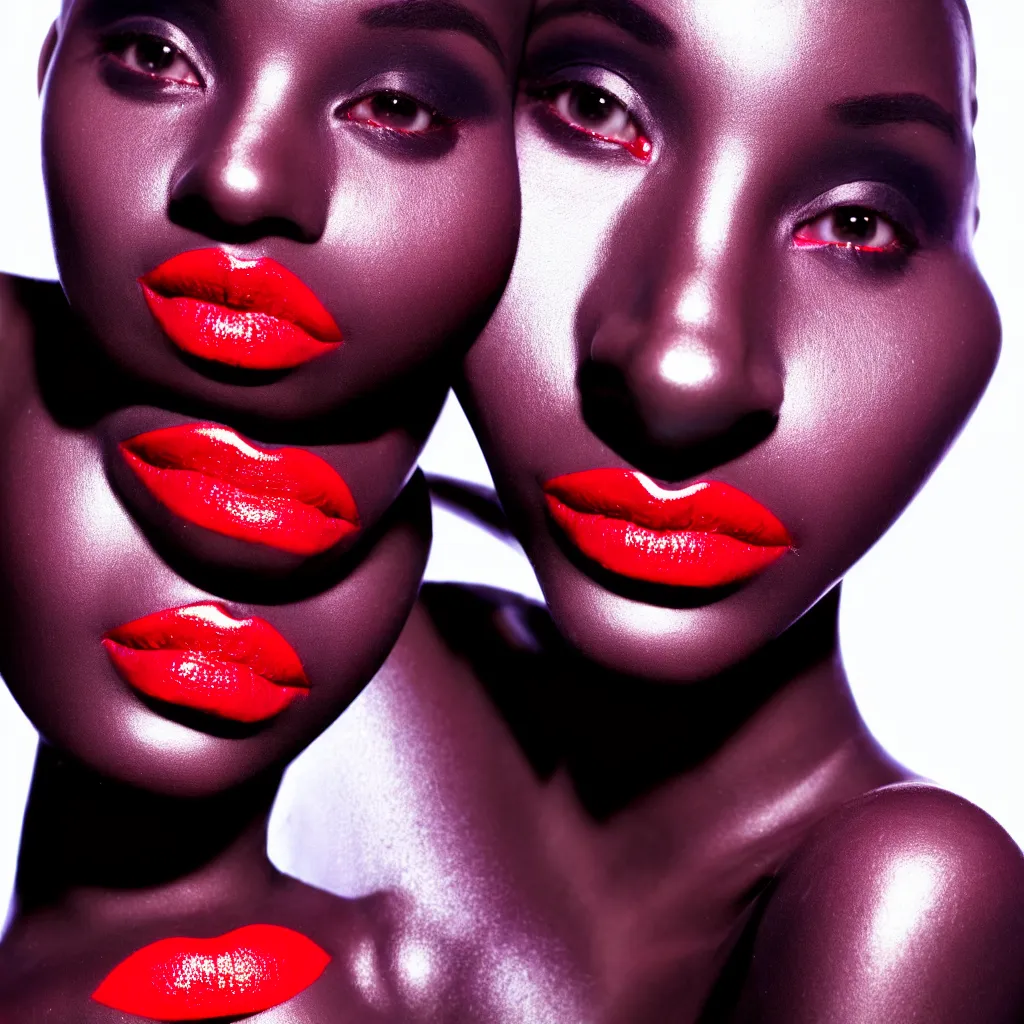 Prompt: medium shot, photograph of alluring dark skin female robot looking into camera, red lipstick, sharp focus,, chromatic abberations, as fashion editorial 9 0 s