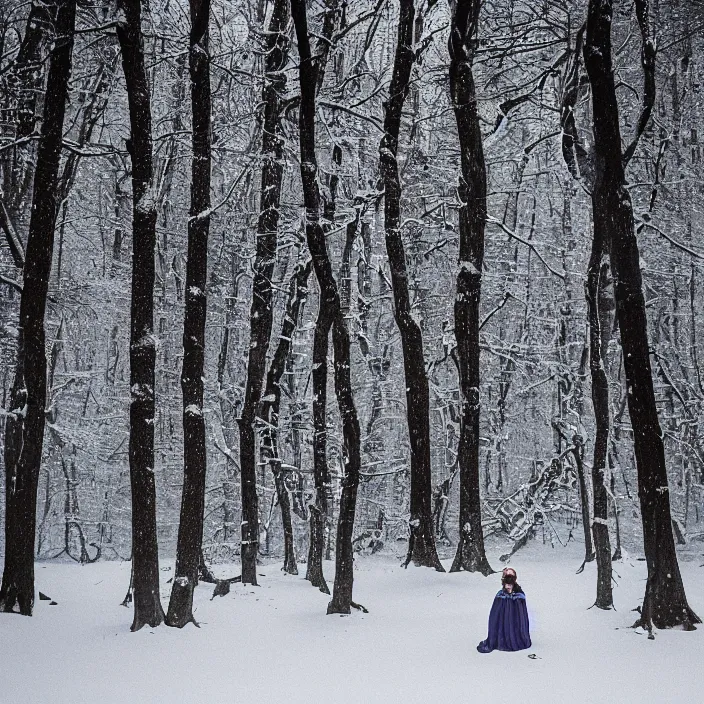 Image similar to portrait of a woman wrapped in bioluminescent fabric, standing in a snowy forest at night, color photograph, by jan van eyck, canon eos c 3 0 0, ƒ 1. 8, 3 5 mm, 8 k, medium - format print