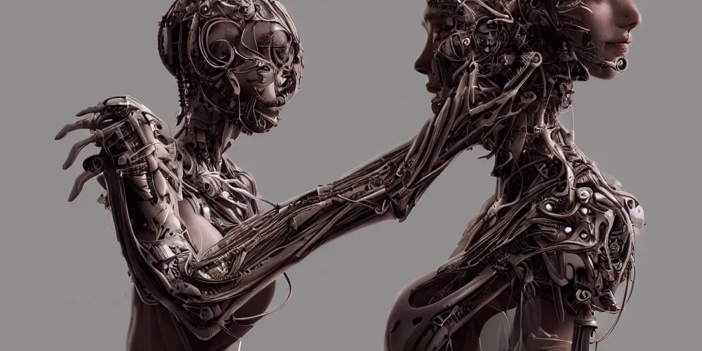 Image similar to hyper realistic photography of a stunningly beautiful cyborg female, elbow, plated arm, intimate, holding close, ribbons, in the style of beth cavener, jin kagetsu,, and wlop, highly detailed, intricate filigree, symmetry, masterpiece, award winning, sharp focus, concept art, highkey lighting, ambient lighting, octane render, 8 k, artstation