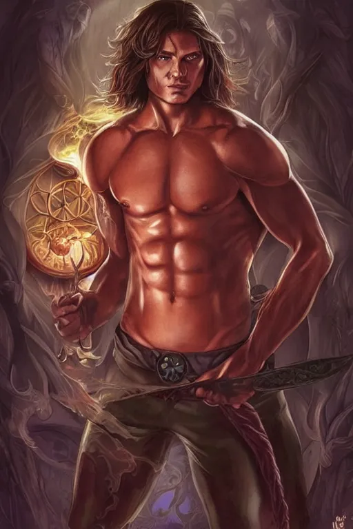 Image similar to muscular sam winchester as a mage tattooed in the cover of an acotar book, sarah j. maas, d & d!, fantasy style, sharp focus!, ultra detailed, art by artgerm, wlop, ilya kuvshinov