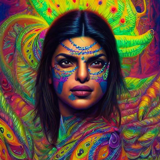 Image similar to portrait of priyanka chopra, hyper detailed masterpiece, neon floral pattern, jean giraud, digital art painting, darkwave goth aesthetic, psychedelic, artgerm, donato giancola and tom bagshaw