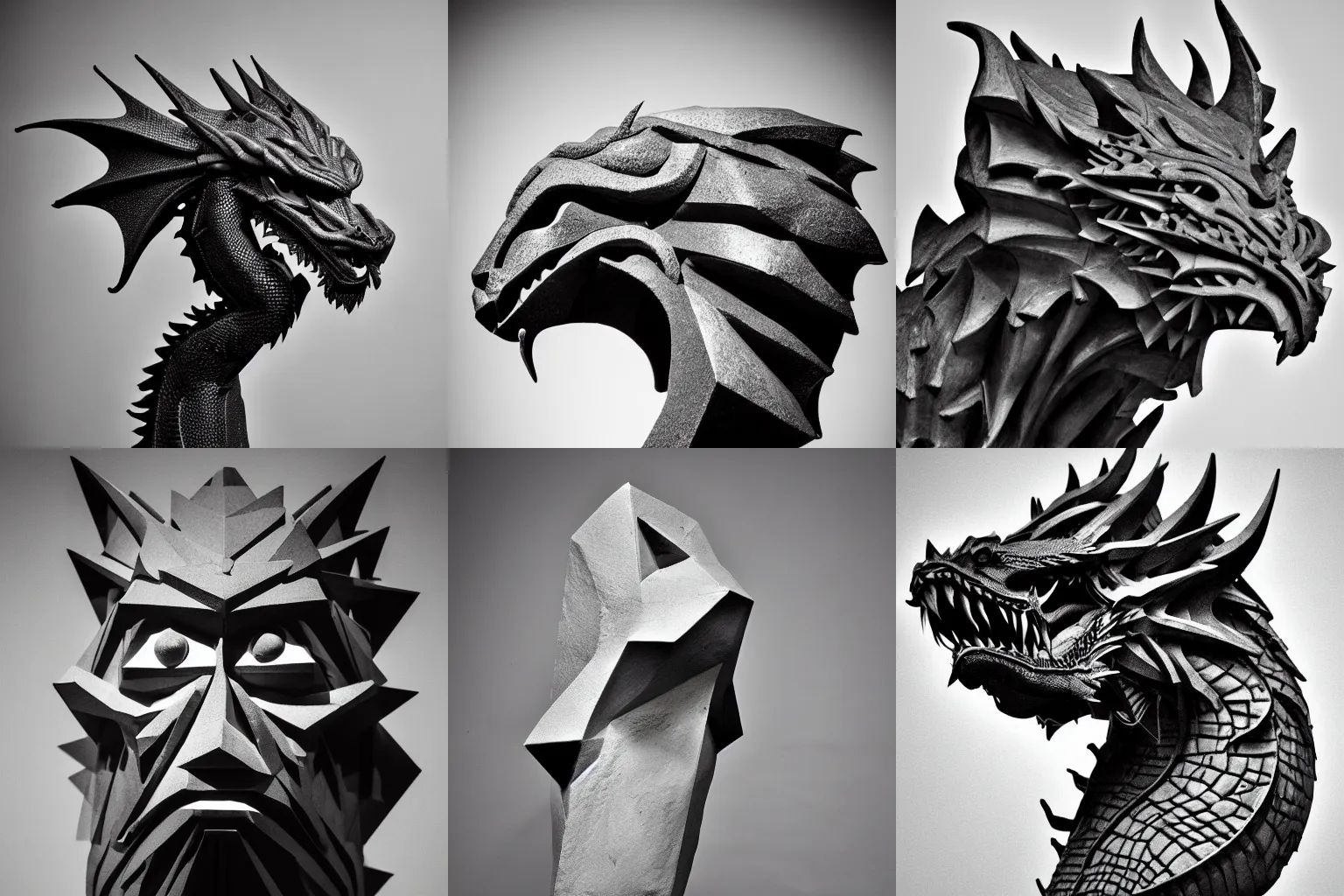 Prompt: angry dragon head cubist sculpture black and white hard light photo