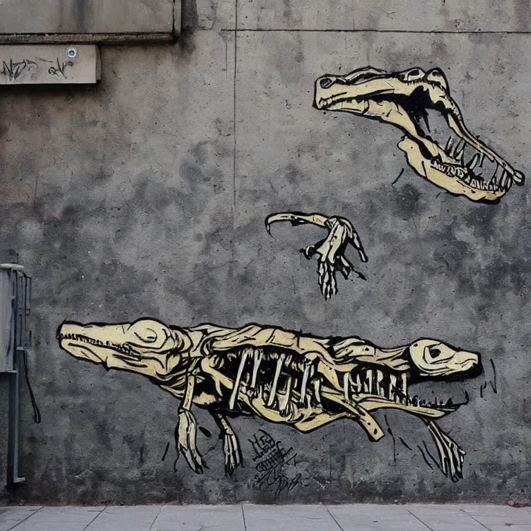 Prompt: Street-art painting of crocodile skeleton in style of Banksy, photorealism