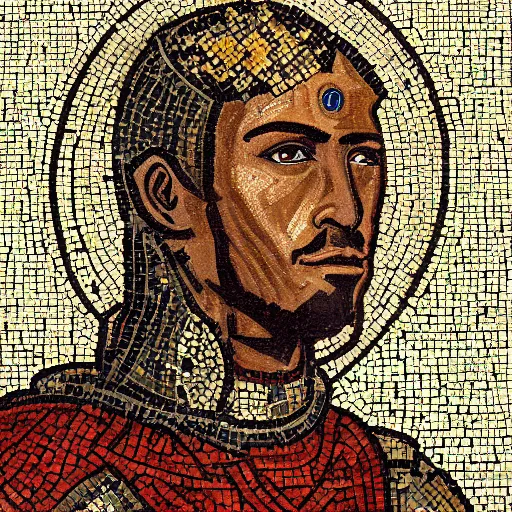 Prompt: realistic portrait of a black crusader knight in a byzantine mosaic, robbes with crosses, perfect face, perfect eyes, very detailed, very realistic, elegant, top art, renowed artwork