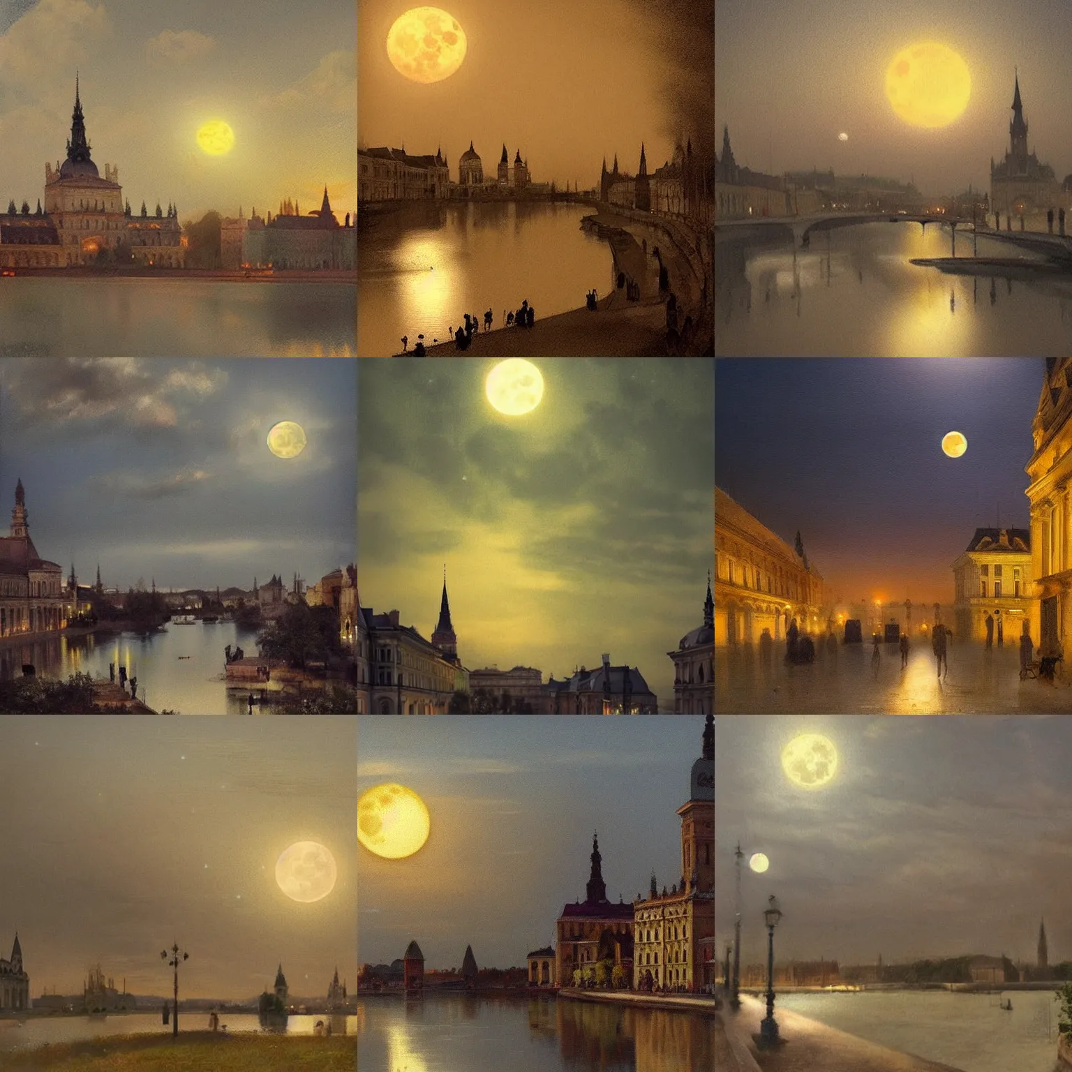 Prompt: a 1 9 th century szeged. atmoshperical, full moon, natural lighting, soft focus, landscape by munkacsi, csok istvan, barabas miklos and hollosy simon, trending on artstation, pinterest, louvre