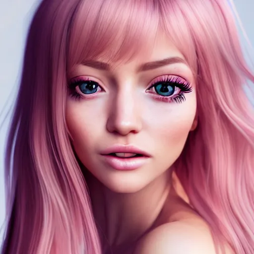 Image similar to beautiful hyperrealism hyperdetailed portrait of nikki from shining nikki dress - up game, a cute young woman, light pink hair, long hair with full bangs, full heart - shaped face, hazel amber eye color, pale skin, light blush, chinese heritage,, smiling softly, golden hour, soft focus, 8 k,