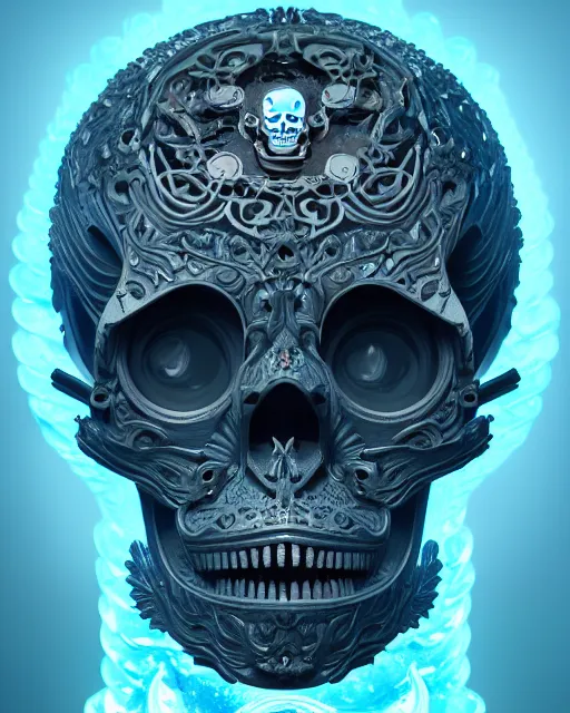 Image similar to 3 d ornate carved robot with tattoos profile portrait, sigma 5 0 0 mm f / 5. beautiful intricate highly detailed skull. bioluminescent, plasma, lava, ice, water, wind, creature, thunderstorm! artwork by tooth wu and wlop and beeple and greg rutkowski, 8 k trending on artstation