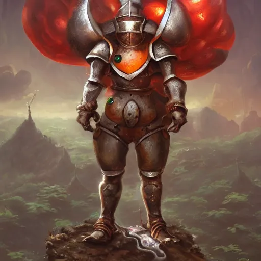 Prompt: Luigi made of earth and molten metal with heavy knight armor in the style of anime by Peter Mohrbacher, Matte painting of mushroom kingdom in background, hundreds of red and white spotted mushrooms in distance anime trending on artstation, HD, 4k,