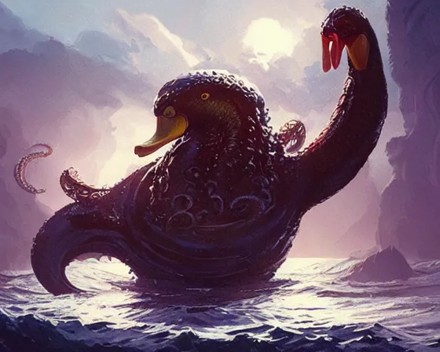 Prompt: a kraken duck hybrid, emerging from the ocean, duck beak, by greg rutkowski and frank frazetta, intricate, artstation, vibrant, cinematic, style of magic : the gathering