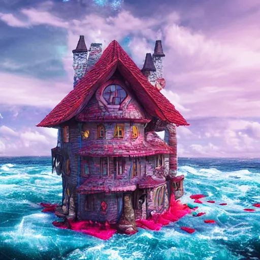 Image similar to a witches house made out of candy floating on the ocean, epic scene, fantasy, cinematic, redshift render, cgi, hyper - detailed, photo - bash, 8 k post - production, masterpiece