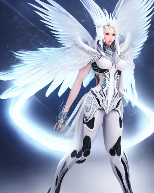 Image similar to perfect white haired attractive egyptian goddess with huge white dove wings, warframe armor, beautiful, symmetric, dreamy, half asian, pretty face, blue eyes, detailed, scifi platform, laboratory, experiment, 4 k, ultra realistic, epic lighting, android body, illuminated, cinematic, masterpiece, art by akihito tsukushi, voidstar