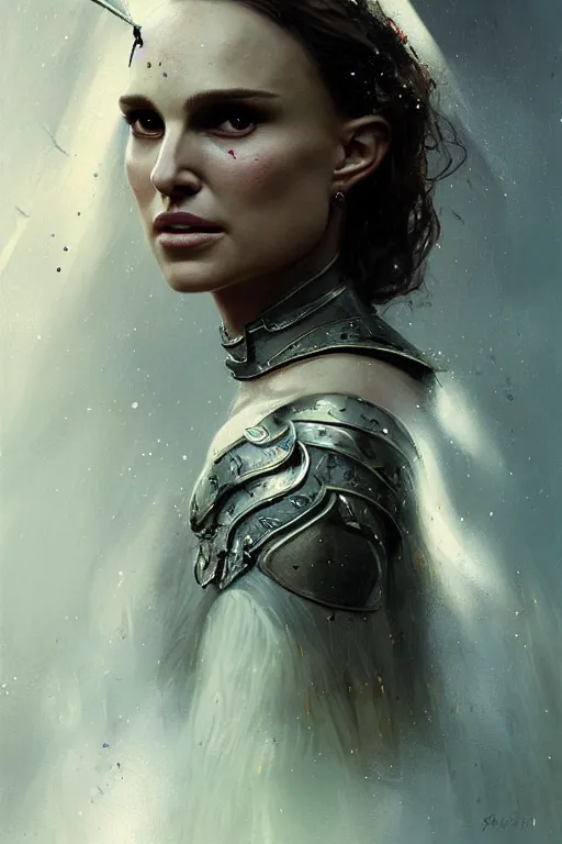 Image similar to natalie portman, legendary warrior, heroic, lord of the rings, tattoos, decorative ornaments, battle armor, by carl spitzweg, ismail inceoglu, vdragan bibin, hans thoma, greg rutkowski, alexandros pyromallis, perfect face, fine details, realistic shading photorealism