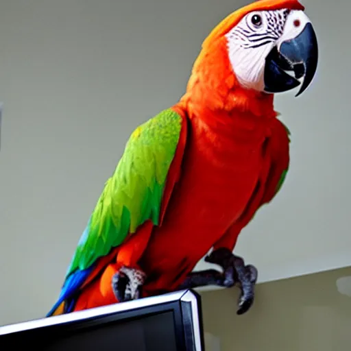 Prompt: a parrot giving a news cast on tv