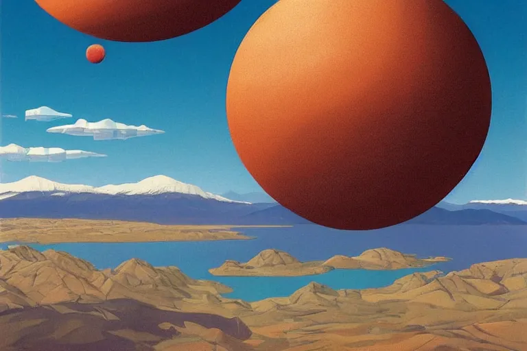 Image similar to a giant ((((metallic)))) floating sphere covered in canadian colorful aboriginal patterns!! hovering above a Yukon lake, (painted by Ralph McQuarrie), matte painting, very detailed, 1500K, concept art