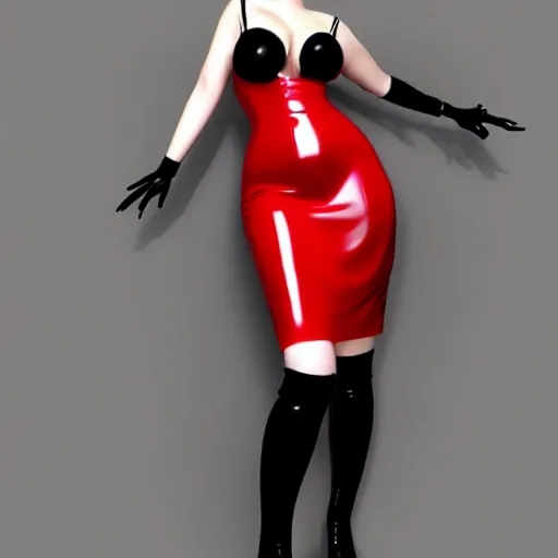 Image similar to a curvy feminine pale goth cutie with a thin waist in an elaborate red-black latex-leather pleated tube dress, cgsociety, photorealistic, sublime-comfy-elegant ambience, 16k, smooth, sharp focus, trending on ArtStation, volumetric lighting, fully clothed, worksafe